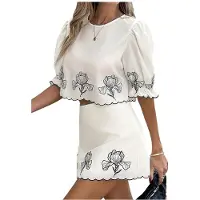 Kepptory Ensemble de Top Court à Manches Bouffantes à Imprimé Floral et de Jupe pour Femmes Costume Blanc Cassé S