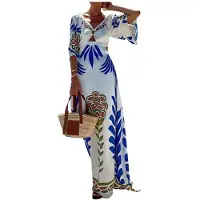 Kepptory Robe Maxi Imprimée à Dos Nu avec Manches Bouffantes et Décolleté Carré pour Femmes Blanc L