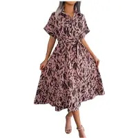Kepptory Robe-Chemise Léopard pour Femme, Col, Manches Courtes, Taille Nouée, Coupe Trapèze, Longueur Midi Rose M