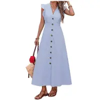 Kepptory Robe Longue Rayée pour Femme, Col en V, Manches à Volants, Boutonnage sur le Devant et Ceinture à la Taille Bleu S