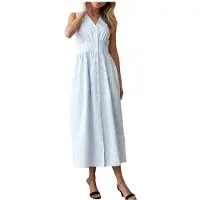 Kepptory Robe Chemise Sans Manches à Col Rayé et Décolleté en V pour Femme, Style Midi Décontracté Bleu Clair S