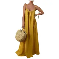Kepptory Robe Femme Dos Nu, Col en V, Bretelles Spaghetti, Coupe Fluide, Longueur Midi, à Bretelles Jaune M