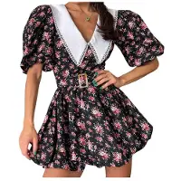 Kepptory Robe Trapèze Fleurie pour Femme, Manches Bouffantes, Col à Volants, Ourlet à Volants, Idéale pour les Vacances Noir M