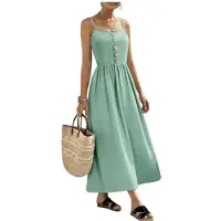 Kepptory Robe Midi à Bretelles Spaghetti pour Femmes, avec Boutons sur le Devant, Robe D'Été Décontractée Vert Clair L