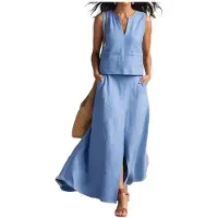 Kepptory Ensembles de Jupes D'Été pour Femmes, Tenues à Deux Pièces, Haut Sans Manches, Ensembles de Robes Maxi à Taille Élastique avec Poches Bleu S