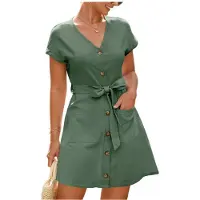 Kepptory Robe D'Été Décontractée pour Femme, Manches Courtes, Col en V Boutonné, Poches, Ceinture à Nouer, Longueur Genou, Coupe Ample Vert Menthe XL