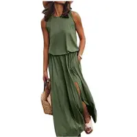 Kepptory Robe Longue Fendue Sans Manches à Col Rond et Taille Élastique pour Femme Vert Foncé XL