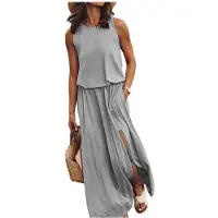 Kepptory Robe Longue Fendue Sans Manches à Col Rond et Taille Élastique pour Femme Gris L