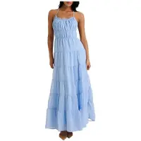 Kepptory Robe Longue Sans Manches à Volants et Smocks, Dos Nu et Bretelles Nouées, pour Femme Bleu S