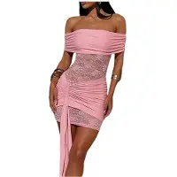 Kepptory Robe Moulante à Épaules Dénudées en Dentelle Patchwork Froncée pour Femme Rose L