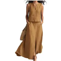 Kepptory Ensembles de Jupes D'Été pour Femmes, Tenues à Deux Pièces, Haut Sans Manches, Ensembles de Robes Maxi à Taille Élastique avec Poches Brun L
