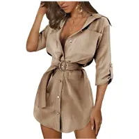 Kepptory Robe-Chemise pour Femme, Col Retroussable, Manches à Revers, Boutonnage sur le Devant et Ceinture Kaki XXXL