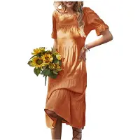 Kepptory Robe Maxi à Étages pour Femmes, Robe Décontractée à Manches Courtes Bouffantes et Col Rond Orange XL