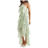 Kepptory Robe Maxi en Chiffon à Volants avec Col Halter pour Femmes, Robe de Fête Fluide à Niveaux Hauts et Bas Vert Clair S