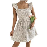 Kepptory Robe Florale pour Femmes, Décolleté Carré, Épaules à Volants, Lien au Dos, Robe D'Été en A Comme Montré S
