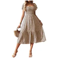 Kepptory Robe Midi Florale à Col Carré Smocké et Manches Courtes à Volants pour Femmes Fleur Brune XXL