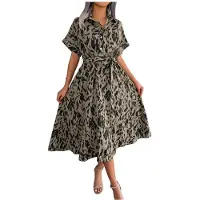 Kepptory Robe-Chemise Léopard pour Femme, Col, Manches Courtes, Taille Nouée, Coupe Trapèze, Longueur Midi Kaki Noir XL