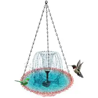 Semoic Bain D'Oiseaux Suspendu avec Fontaine Solaire Fontaines de Bain D'Oiseaux Solaires Bains D'Oiseaux Suspendus pour L'Extérieur Rose