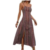 Kepptory Robe Maxi Imprimée à Bretelles Spaghetti pour Femmes, Coupe A, Fendue, Fluide, Robe D'Été Rayure Rouge S
