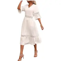 Kepptory Robe D'Été à Encolure en V pour Femmes, Manches Bouffantes, Fluide, Midi, pour Invitées de Mariage Blanc S