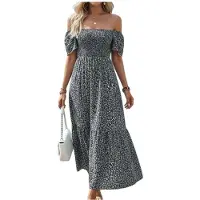 Kepptory Robe Midi Florale à Col Carré Smocké et Manches Courtes à Volants pour Femmes Noir M