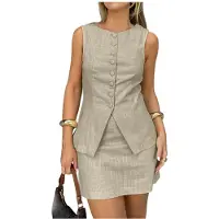 Kepptory Ensemble de 2 Pièces en Lin pour Femmes, Gilet Sans Manches et Jupe Couleur Abricot M
