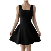 Kepptory Robe Courte Moulante Sans Manches à Col Carré pour Femme, Idéale pour les Soirées et les Clubs Noir S