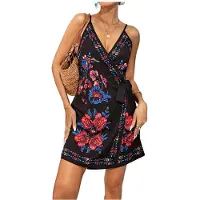 Kepptory Robes Courtes Bohèmes Sans Manches à Col en V et Nœud Papillon pour Femmes Bleu S
