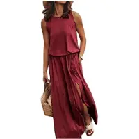 Kepptory Robe Longue Fendue Sans Manches à Col Rond et Taille Élastique pour Femme Vin Rouge XXL
