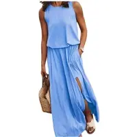 Kepptory Robe Longue Fendue Sans Manches à Col Rond et Taille Élastique pour Femme Bleu Ciel M