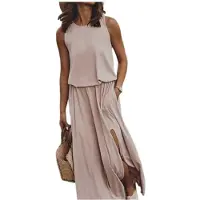 Kepptory Robe Longue Fendue Sans Manches à Col Rond et Taille Élastique pour Femme Kaki XXXL