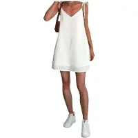 Kepptory Robe Sans Manches à Col en V et Bretelles à Nouer pour Femme Blanc L