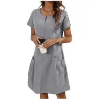 Kepptory Robe Décontractée à Col Rond, Couleur Unie, Double Poche pour Femme Gris M