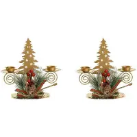 Semoic Lot de 2 Bougeoirs en Forme de Pilier pour Sapin de Noël Doré avec Baies et Pignons de Pin pour Décoration de Bureau de Vacances en Métal