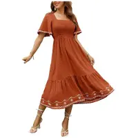 Kepptory Robe Maxi Longue D'Été à Encolure Carrée à Manches Courtes Smockées pour Femmes Orange XXL