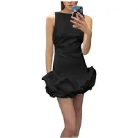 Kepptory Robe Courte Moulante à Volants pour Femme, Sans Manches, Ourlet Froncé, Style Débardeur Noir S