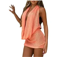 Kepptory Robe en Tricot à Dos Nu et Décolleté Plongeant pour Femmes avec Lien Couleur Mandarine M