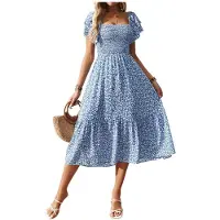 Kepptory Robe Midi Florale à Col Carré Smocké et Manches Courtes à Volants pour Femmes Bleu XL