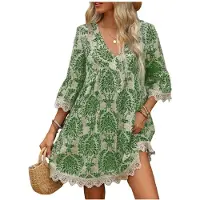 Kepptory Robe Tunique Décontractée à Manches 3/4 avec Imprimé et Bord en Dentelle pour Femmes, Robe D'Été pour les Vacances à la Plage Élément 2- M