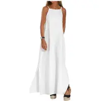Kepptory Robe D'Été Longue et Fluide pour Femmes, Sans Manches, à Bretelles Spaghetti Blanc S