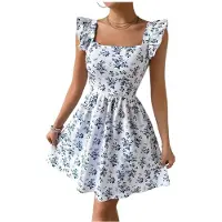 Kepptory Robe Florale pour Femmes, Décolleté Carré, Épaules à Volants, Lien au Dos, Robe D'Été en A Bleu et Blanc. L