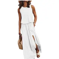 Kepptory Robe Longue Fendue Sans Manches à Col Rond et Taille Élastique pour Femme Blanc S