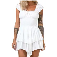 Kepptory Robe D'Été pour Femme, Épaules Dénudées, en Mousseline de Soie, Coupe Ajustée Blanc L
