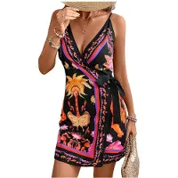 Kepptory Robes Courtes Bohèmes Sans Manches à Col en V et Nœud Papillon pour Femmes Noir M
