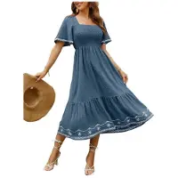 Kepptory Robe Maxi Longue D'Été à Encolure Carrée à Manches Courtes Smockées pour Femmes Bleu Profond S