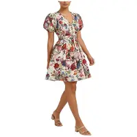 Kepptory Robe Trapèze à Manches Bouffantes Fleuries et Smocks pour Femmes Grandes Tailles, Idéale pour les Vacances à la Plage Couleur de la Fleur L