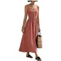 Kepptory Robe Midi à Bretelles Spaghetti pour Femmes, avec Boutons sur le Devant, Robe D'Été Décontractée Rouge L
