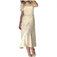 Kepptory Robe Élégante Imprimée à Manches Courtes et Col Rond pour Femme Jaune S