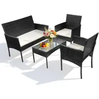 Vigevee Ensemble de mobilier de jardin , 4 pièces, en résine tressée, comprenant 2 fauteuils, une banquette 2 places et une table en verre, de couleur noire