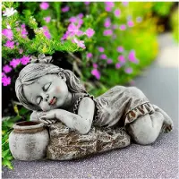 Semoic Enfant avec des Lumières Solaires Décoration de Jardin Statue Extérieure Pot en Résine Garçon Parterre de Fleurs Cour Sculpture Décor